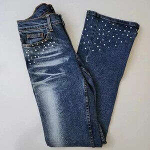 Women's Skinny Boot Cut Embellished Acid Wash Casual Rhinestone Jeans Size 29
